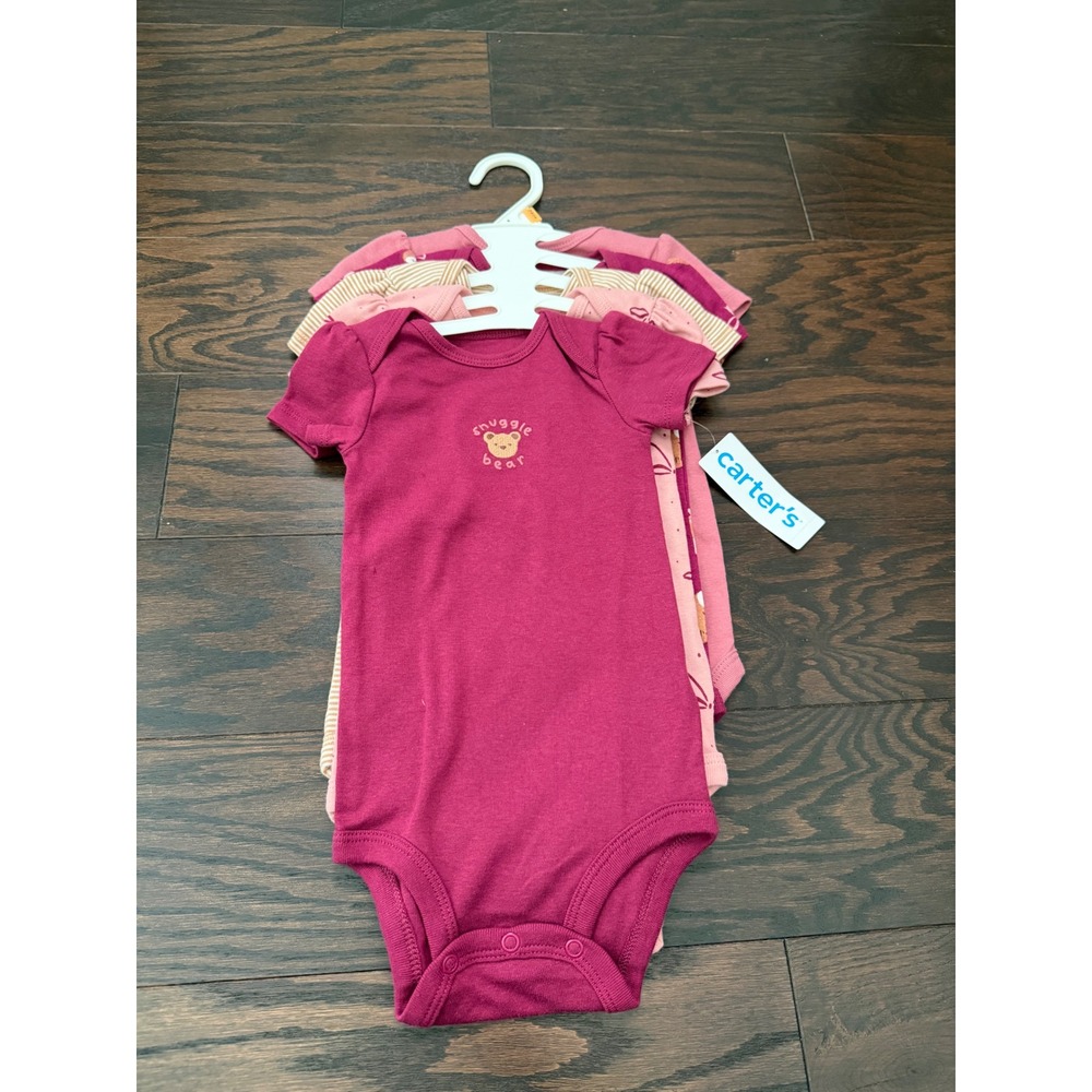 Carters Baby Girls 5-Pack Short Sleeve Bodysuits 12M Pink Burgundy Bear Bows NWT